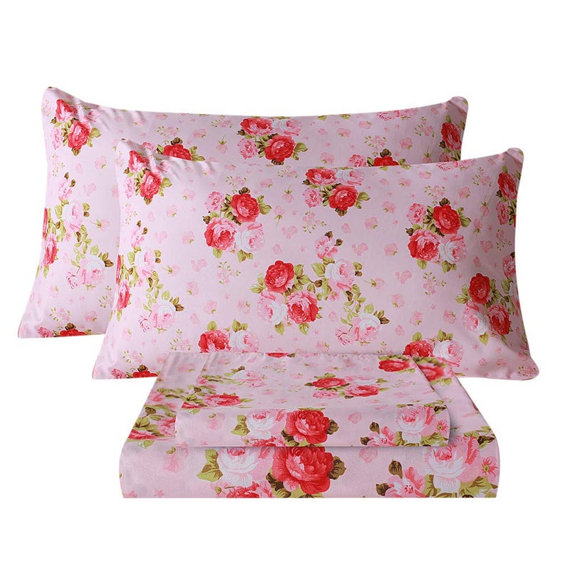 Bedlifes King Sheet Set Ultra Soft, Breathable, Silky Flower Deep Pocket 100% Microfiber Bedding, 4 Piece King Size Pink Floral(Red Rose) - Image 1